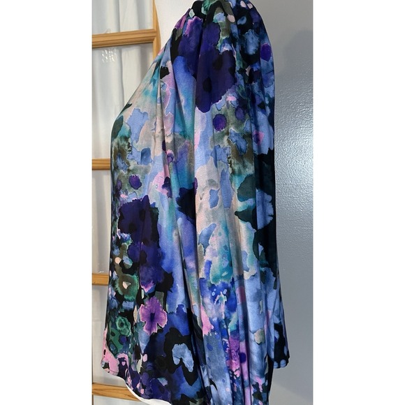 Disigual Floral Pleated Blouse S Blue Purple Long Sleeve Smocked Pullover Boho - Picture 2 of 12